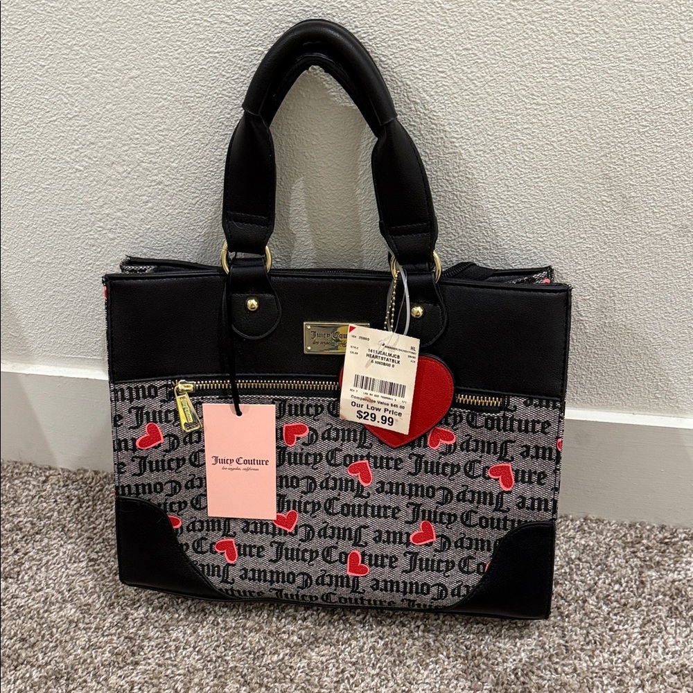 Juicy Couture Black and Gray Tote with Red Hearts